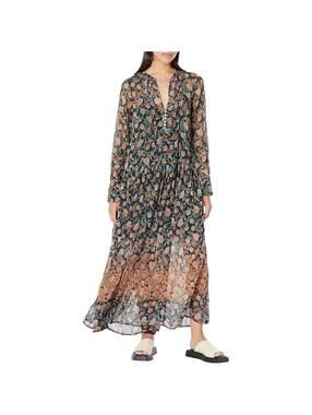 Free People "See It Through" Floral Long Sleeve Maxi Chiffon  Dress Sz S # 1396